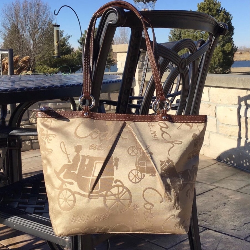 Coach (F14482) Signature Khaki Satin Horse Carriage Brown Leather Tote Purse Bag